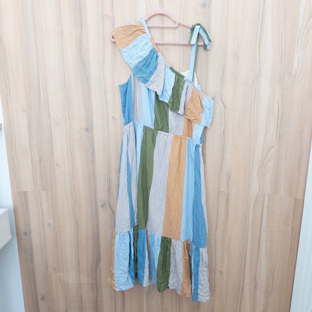 Lauren Conrad Tiered Maxi Dress XXL Stripe One Shoulder Cottage Coastal Boho - Picture 6 of 7